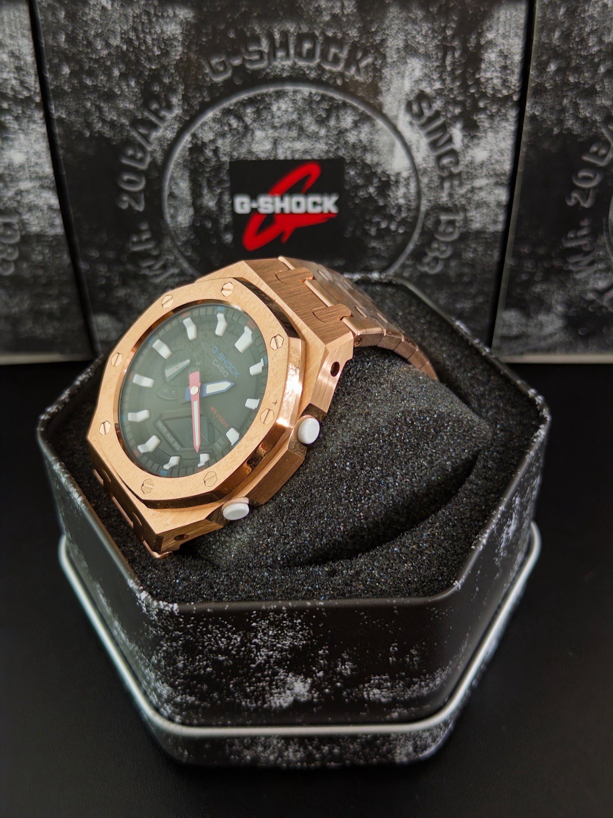 Casio GA-2100 G-Shock Watch – Sandblasted Gold Rose Case Mod – Black Dial