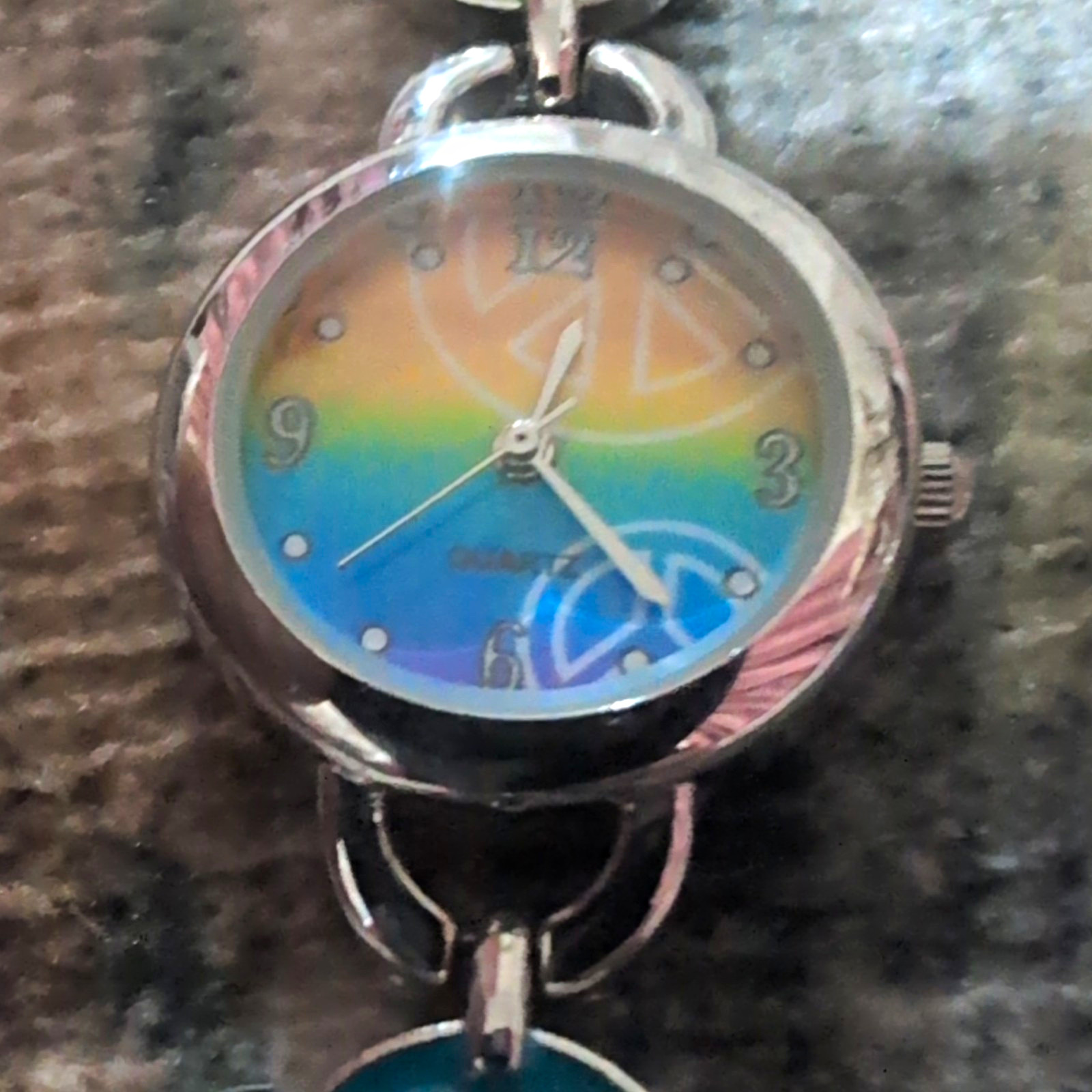 Accutime Womens Quartz Analog Watch Peace Sign Multicolor Dial Silver Bracelet