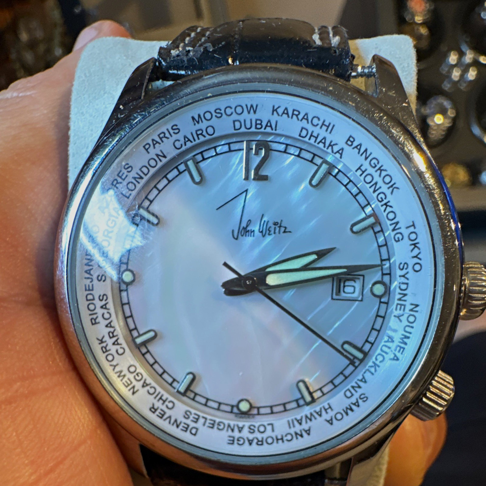 John Weitz JW208 World Time Quartz Date White Dial Black Leather Strap 3 ATM