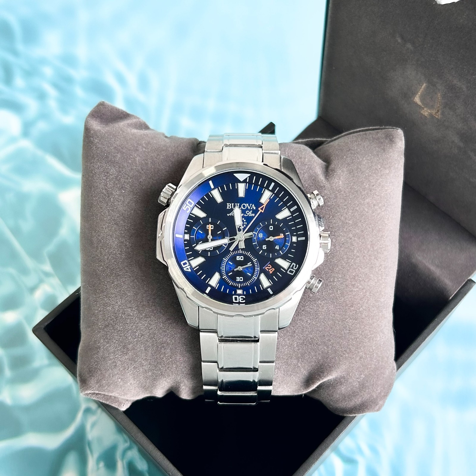 Bulova Classic Marine Star Chronograph Blue Dial Stainless Steel Men Watch 43MM