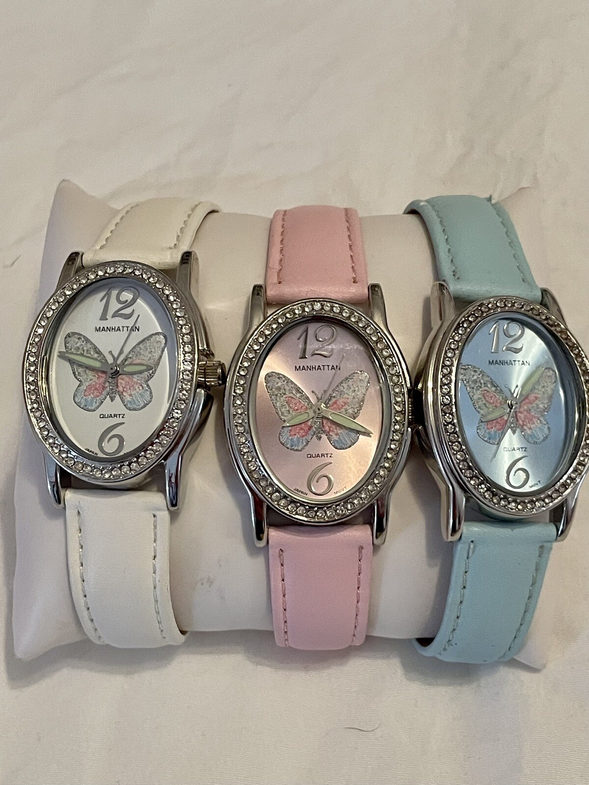 Butterfly Watch Lot Of 3 New With Buckle Band Blue White & Pink Face