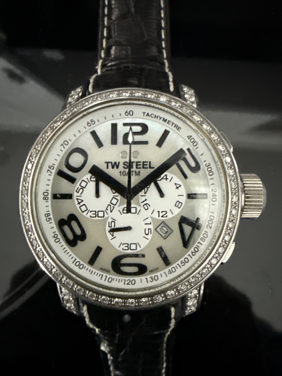TW Steel Grandeur TW54 chrono watch with a mother-of-pearl dial, crystal bezel
