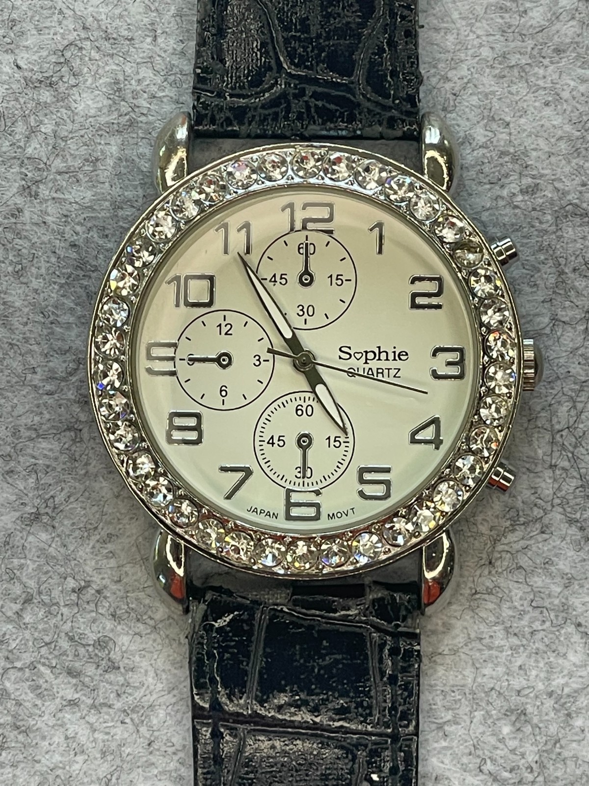 Sophie Women’s Fashion Watch – White Dial, Black Band, Rhinestones, New Battery