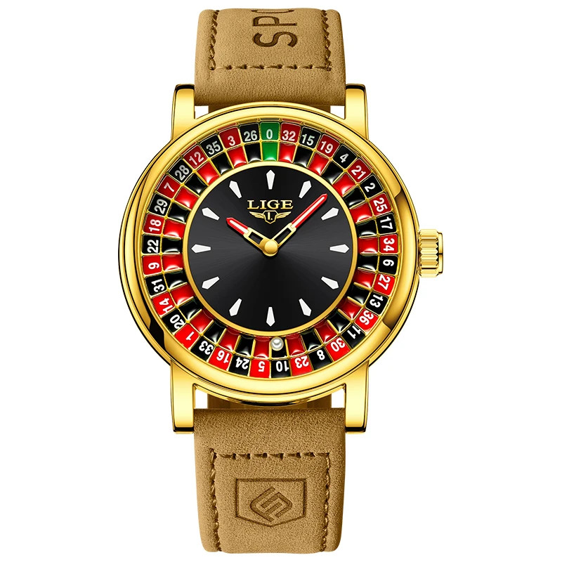 Mens Watches Creative Roulette Game Dial Genuine Leather Watch for Man
