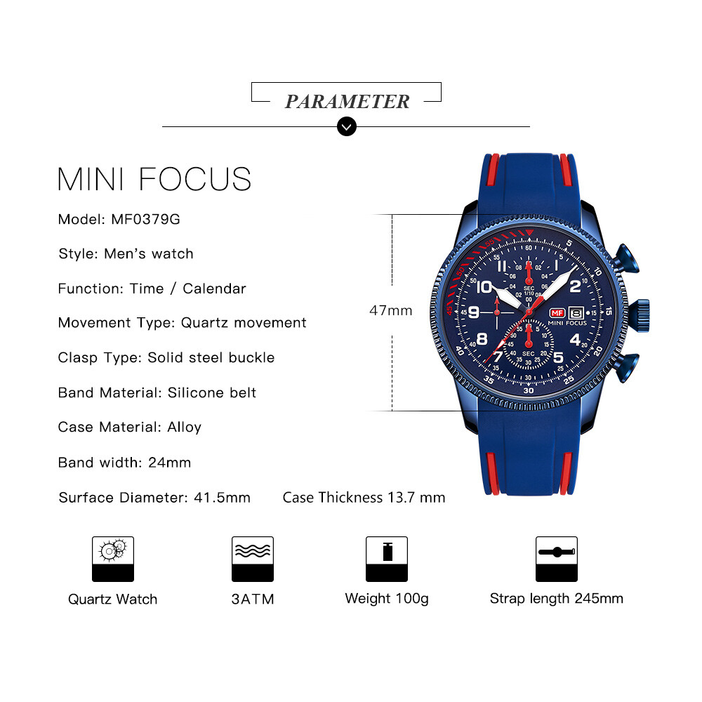 MINI FOCUS Men Quartz Watch Chronograph Wristwatch Luminous Silicone Males Watch