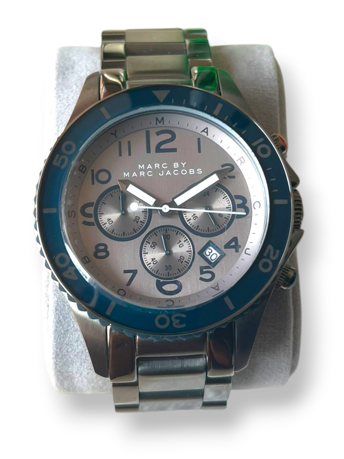 Marc Jacobs MBM5028 Rock Chronograph 46mm Gunmetal Blue Bezel Men’s Watch
