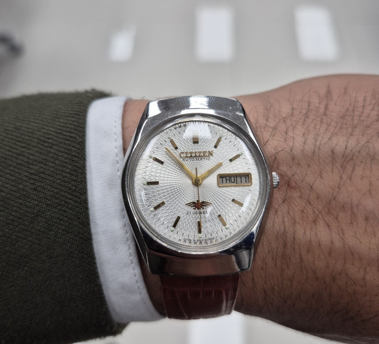 1970s Citizen Eagle 7 Automatic 21J Day/Date TextureSilverDial G Brown Leather