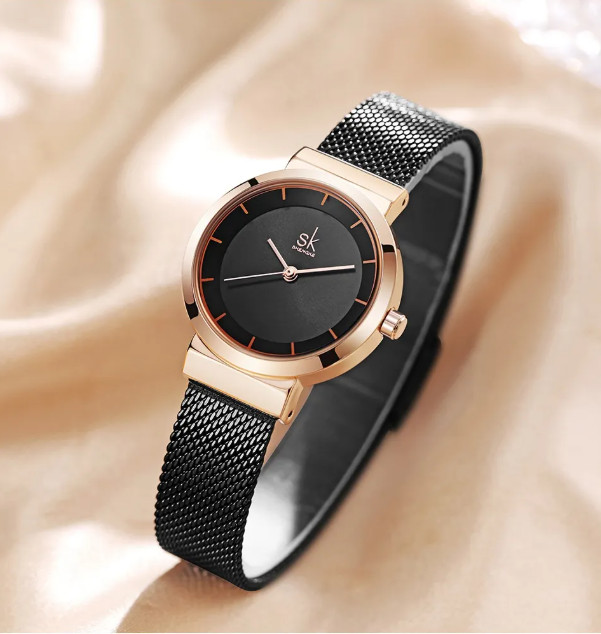 Sophisticated Quartz Watch Minimalist Elegant Black Mesh Womens Timepiece