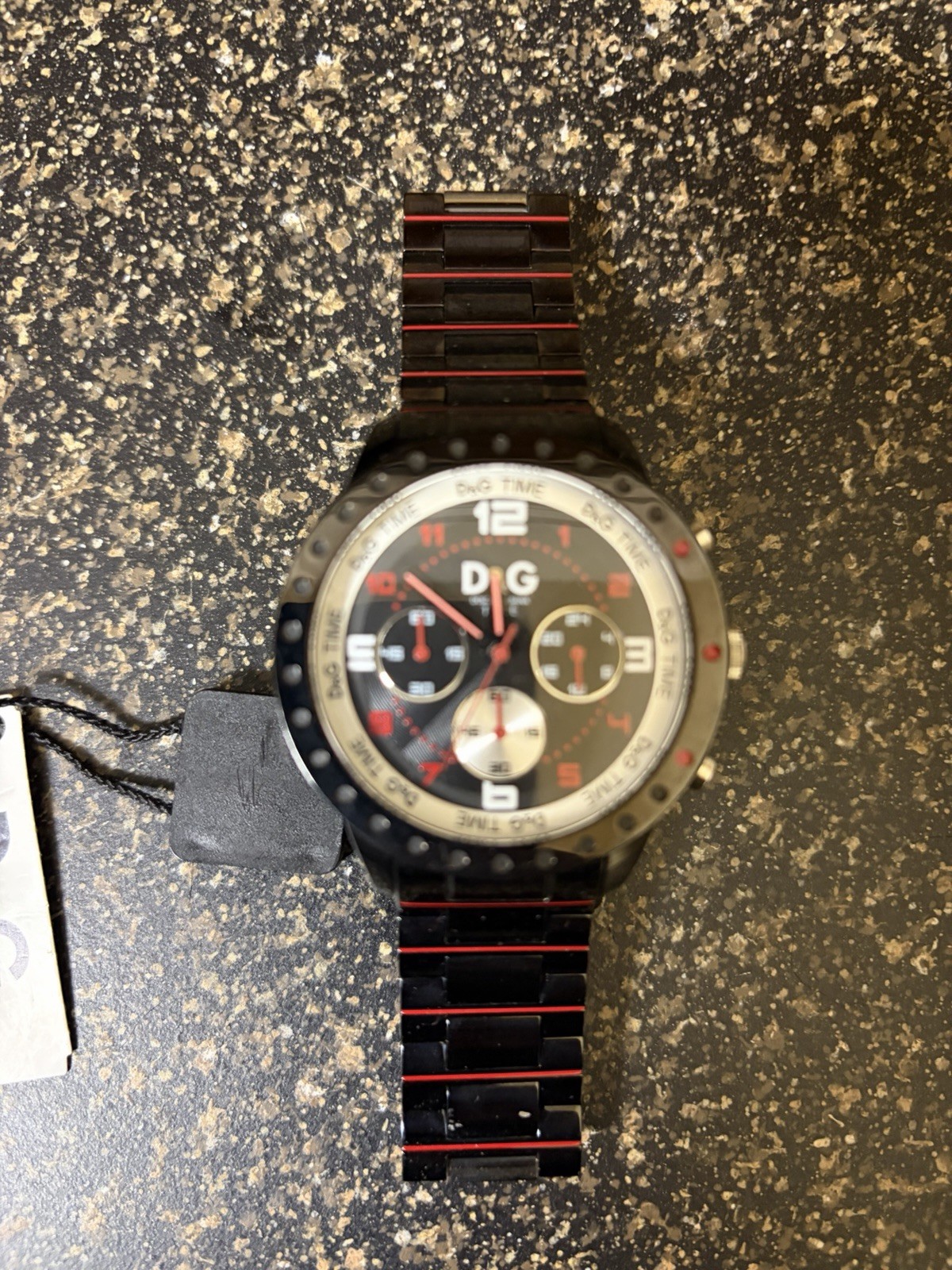 D&G Dolce & Gabbana Time Chronograph Watch Black Red Stainless Steel NWT Rare