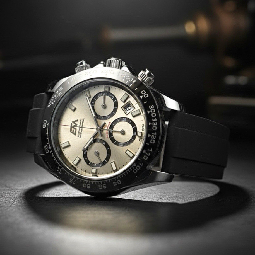 ETM Quartz Chronograph Mens Wristwatch White Dial Date Tachymeter Bezel
