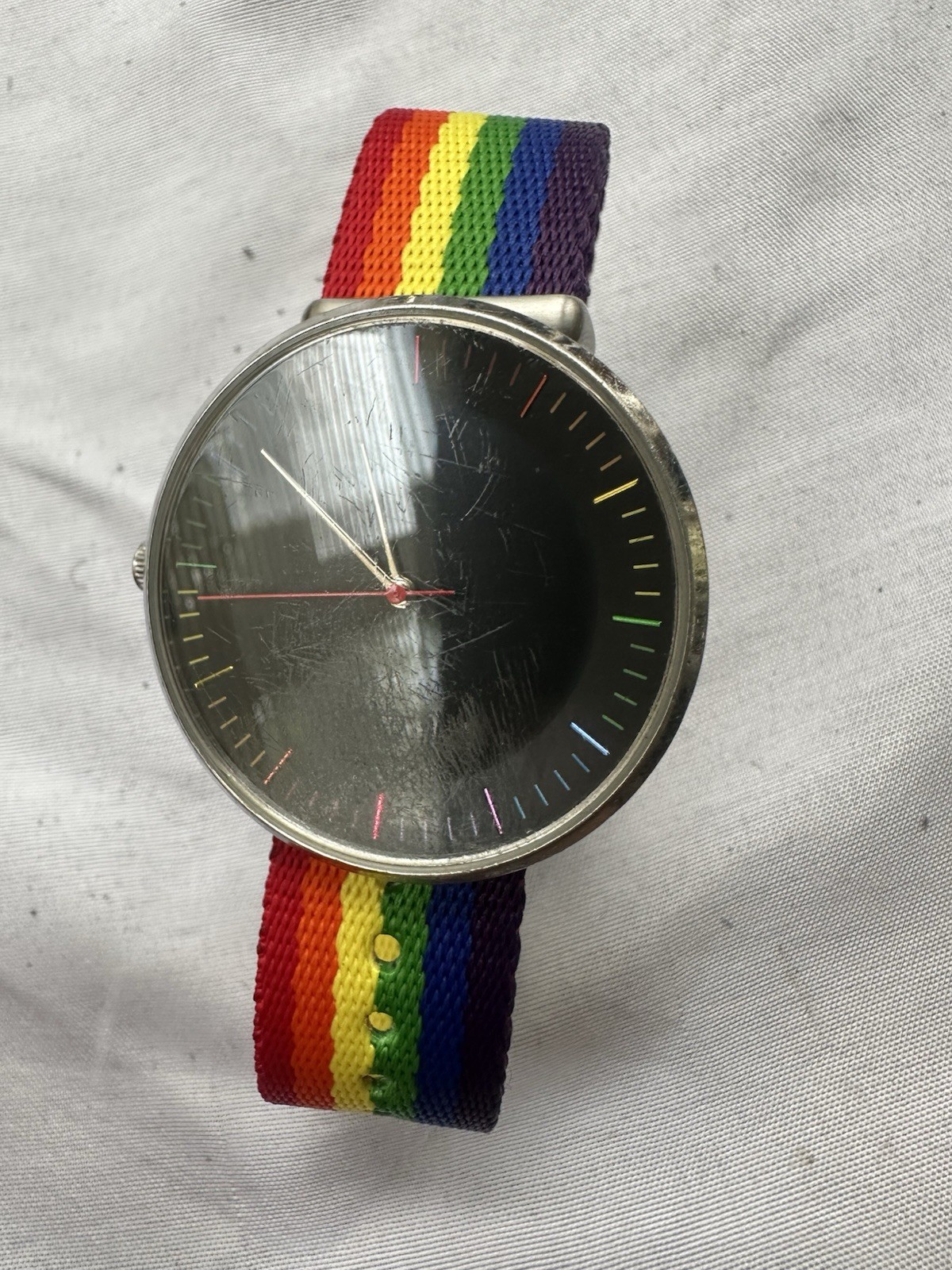 Pride LGBTQ Plus Rainbow Quartz Analog Watch Black Dial Silver Case Nylon Strap