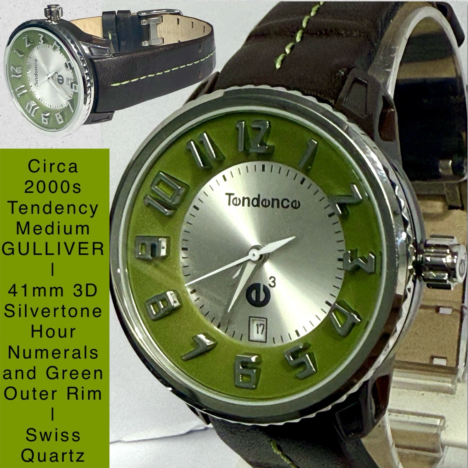 41mm Medium GULLiVER | 3D Silvertone Hours | Green Outer Rim | TENDENCE e3 Watch