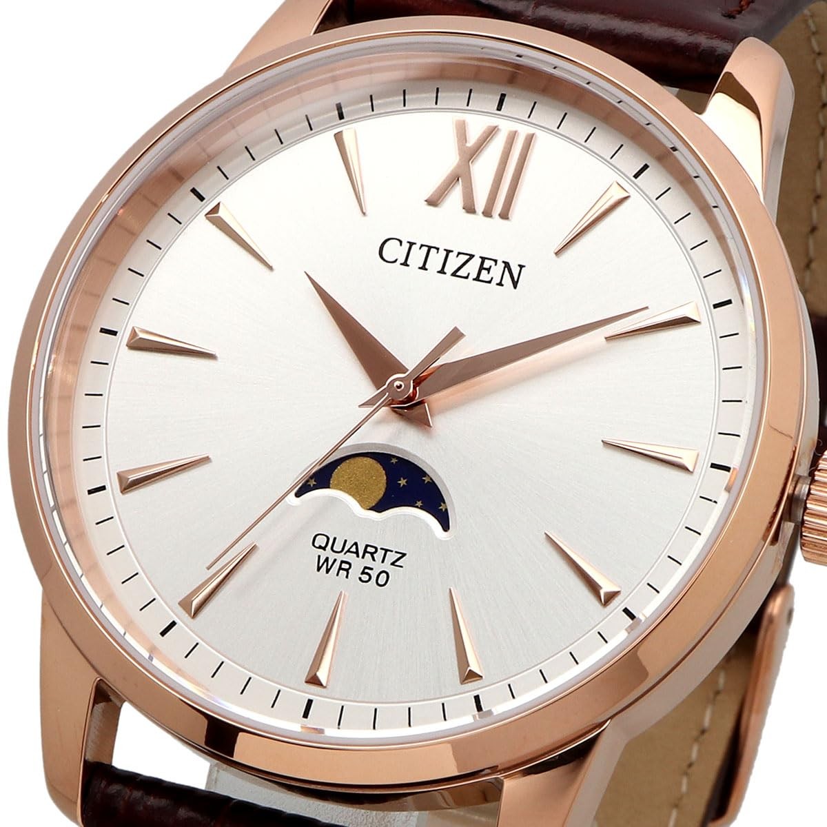 CITIZEN 50M waterproof Moon Phase Leather Belt AK5003-05A brown gold