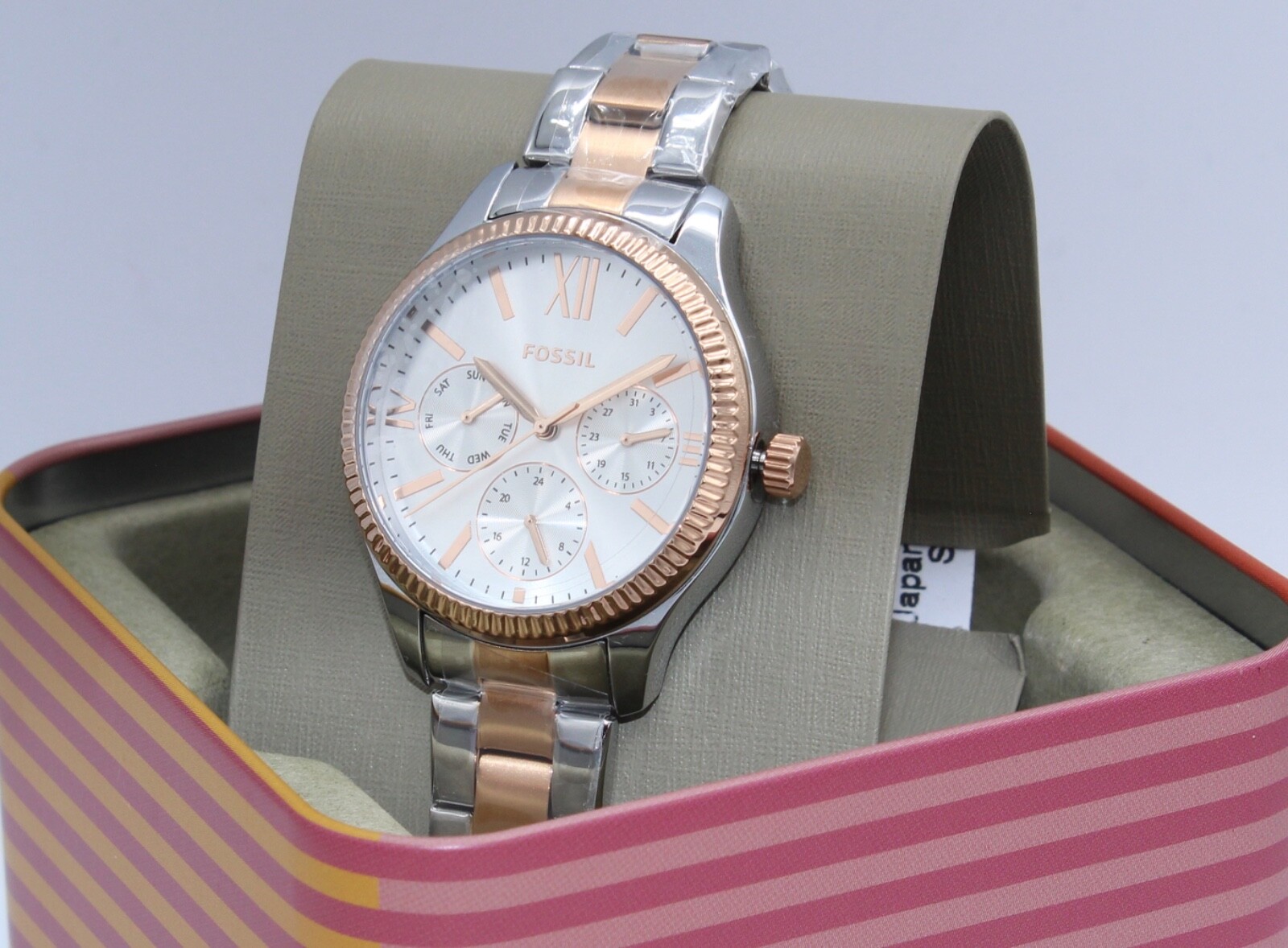 NEW AUTHENTIC FOSSIL RYE MULTIFUNCTION SILVER ROSE GOLD WOMEN’S BQ3761 WATCH