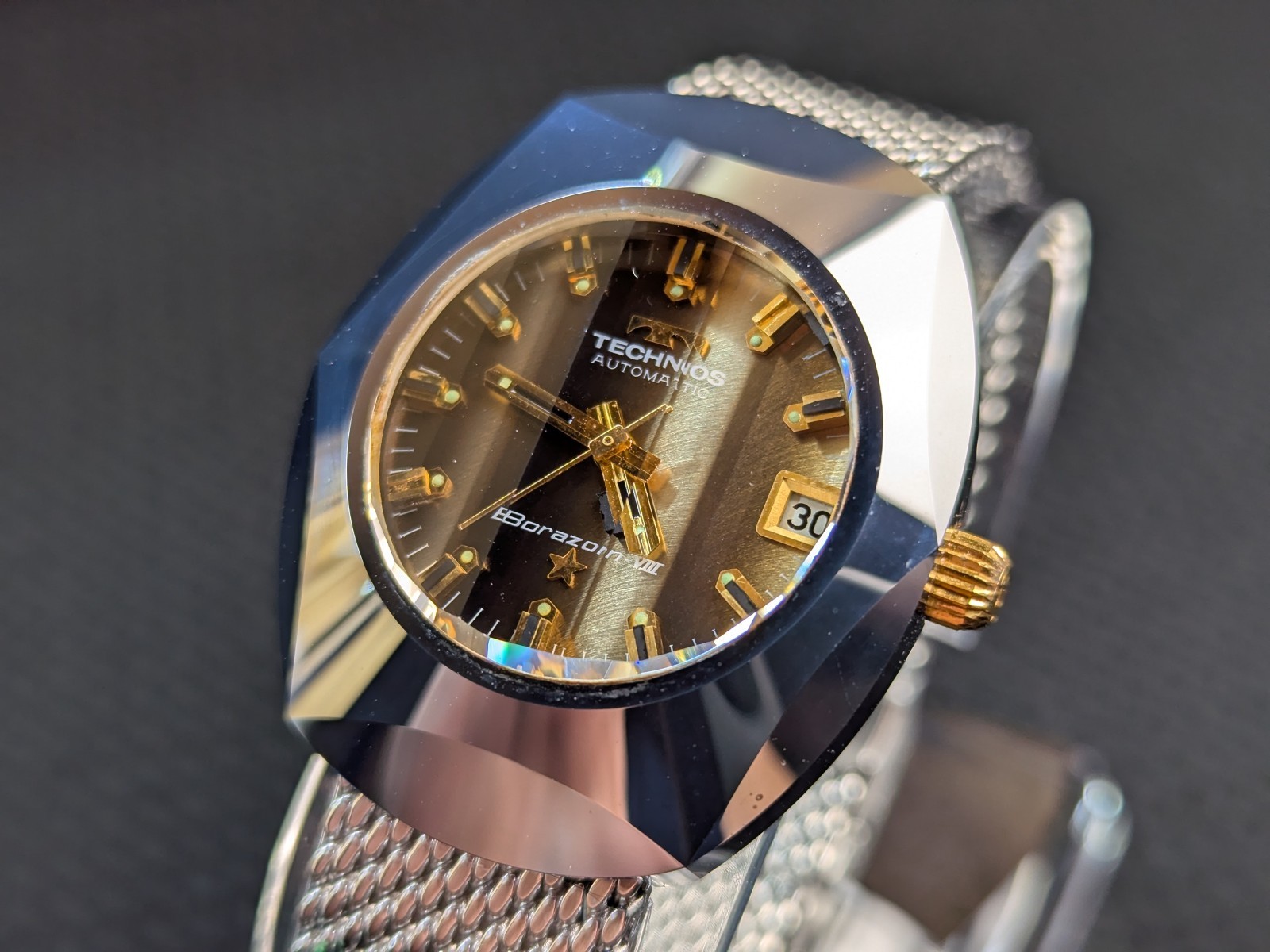 Vintage Technos Borazon VIII Automatic Swiss Made ETA Watch Tungsten Faceted 70s