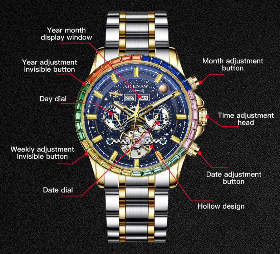 GLENAW Men’s Automatic Watch Rainbow Gemstone Bezel Blue Dial Steel Strap Wristw