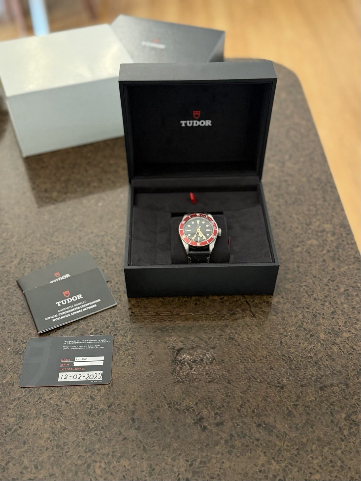 TUDOR Black Bay 41mm Automatic 200m Black Dial Red Bezel Leather Box Papers
