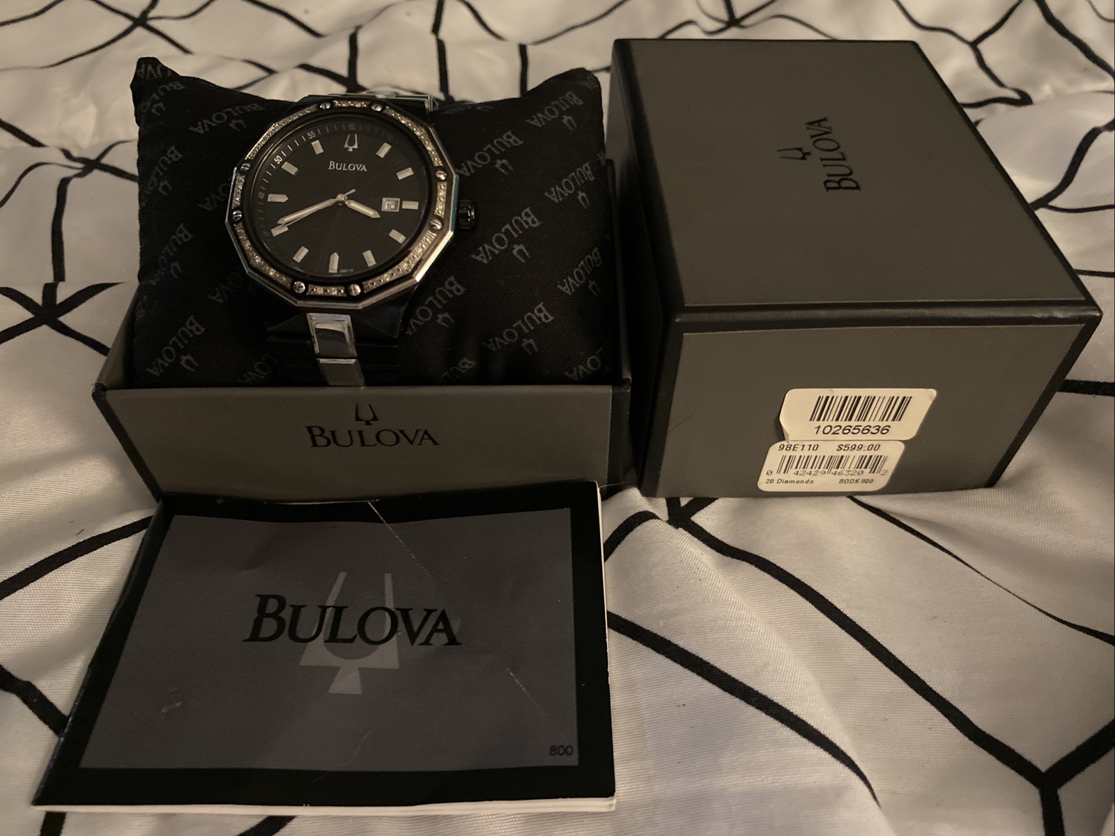 Authentic Bulova Men’s Brushed and Polished Stainless Steel Diamond Watch 98E110