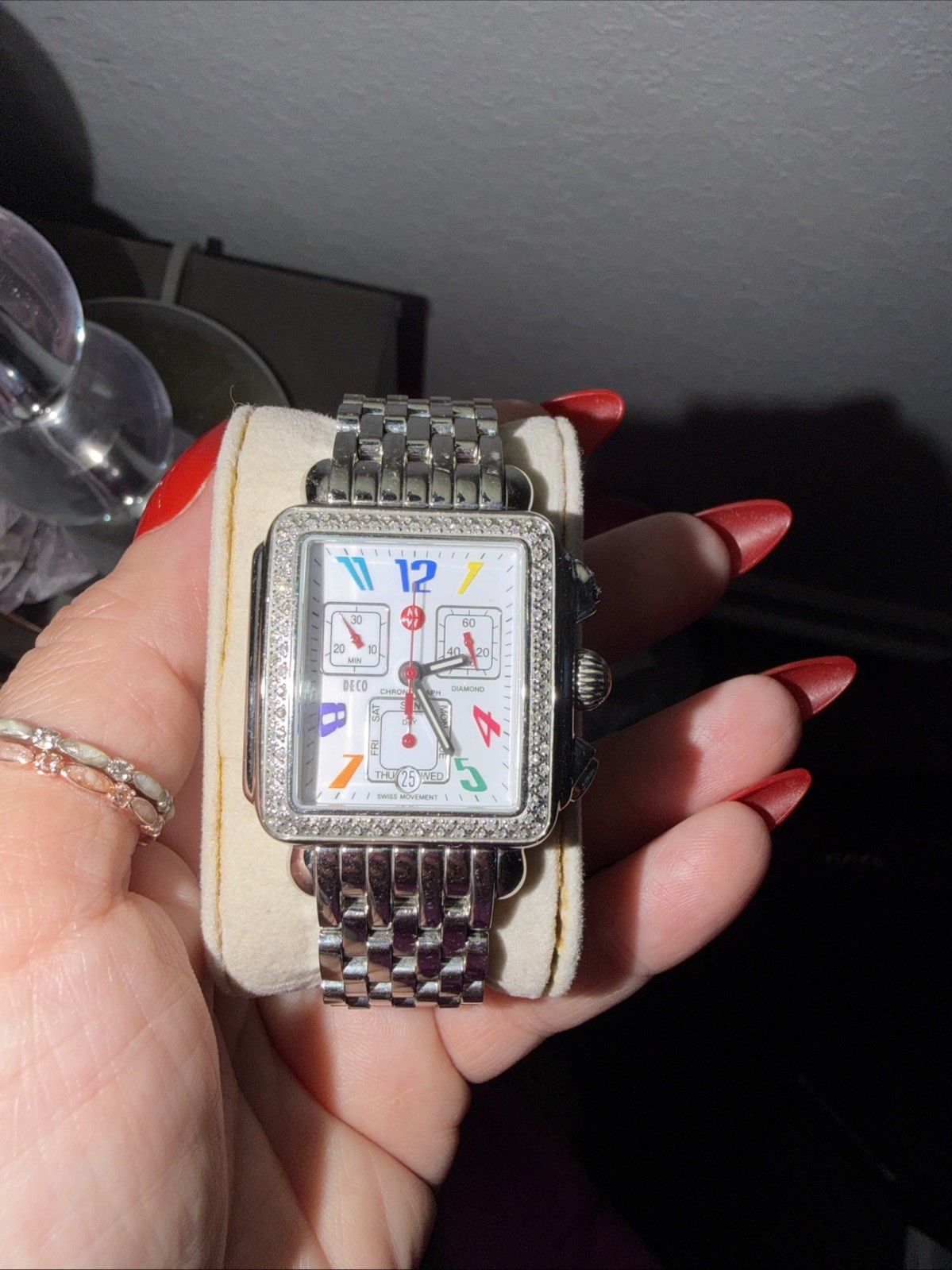 MICHELE Deco Women’s Rectangular 33mm Chronograph Day/Date Diamond Bezel