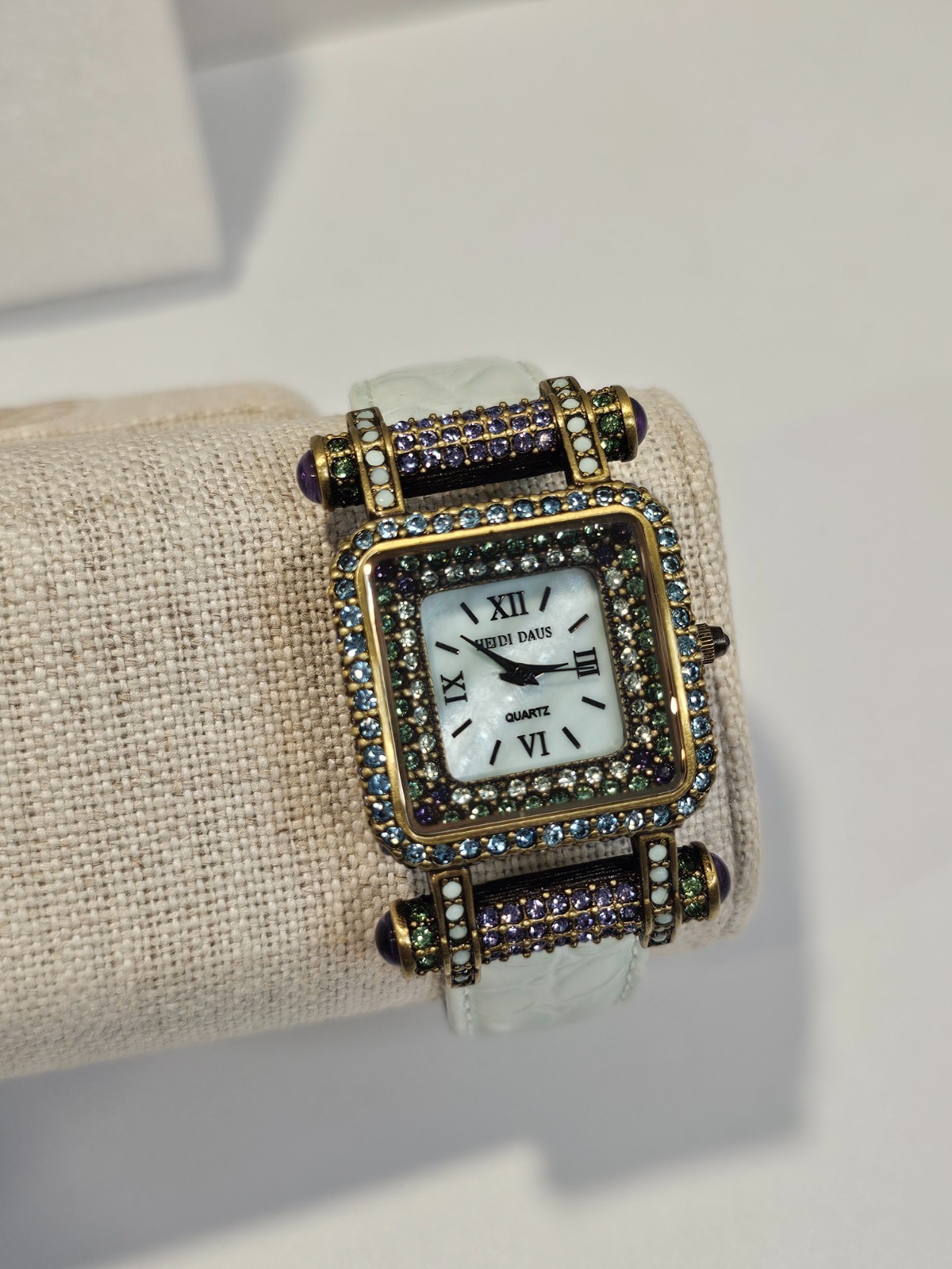 Heidi Daus Watch multicolor crystal green leather band