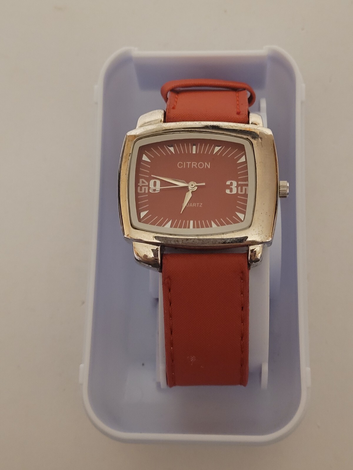 Large Red Leather Fabric Styled Citron Quartz Watch In Box