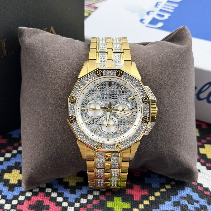 Bulova Men Crystal Octava 98C126 Gold Silver Dial Diamond Quartz Watch 41.5mm