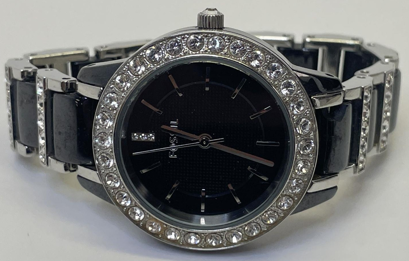 Fossil CE1018 Women’s Watch w/Black Ceramic Bracelet , Crystal-Set Bezel Working
