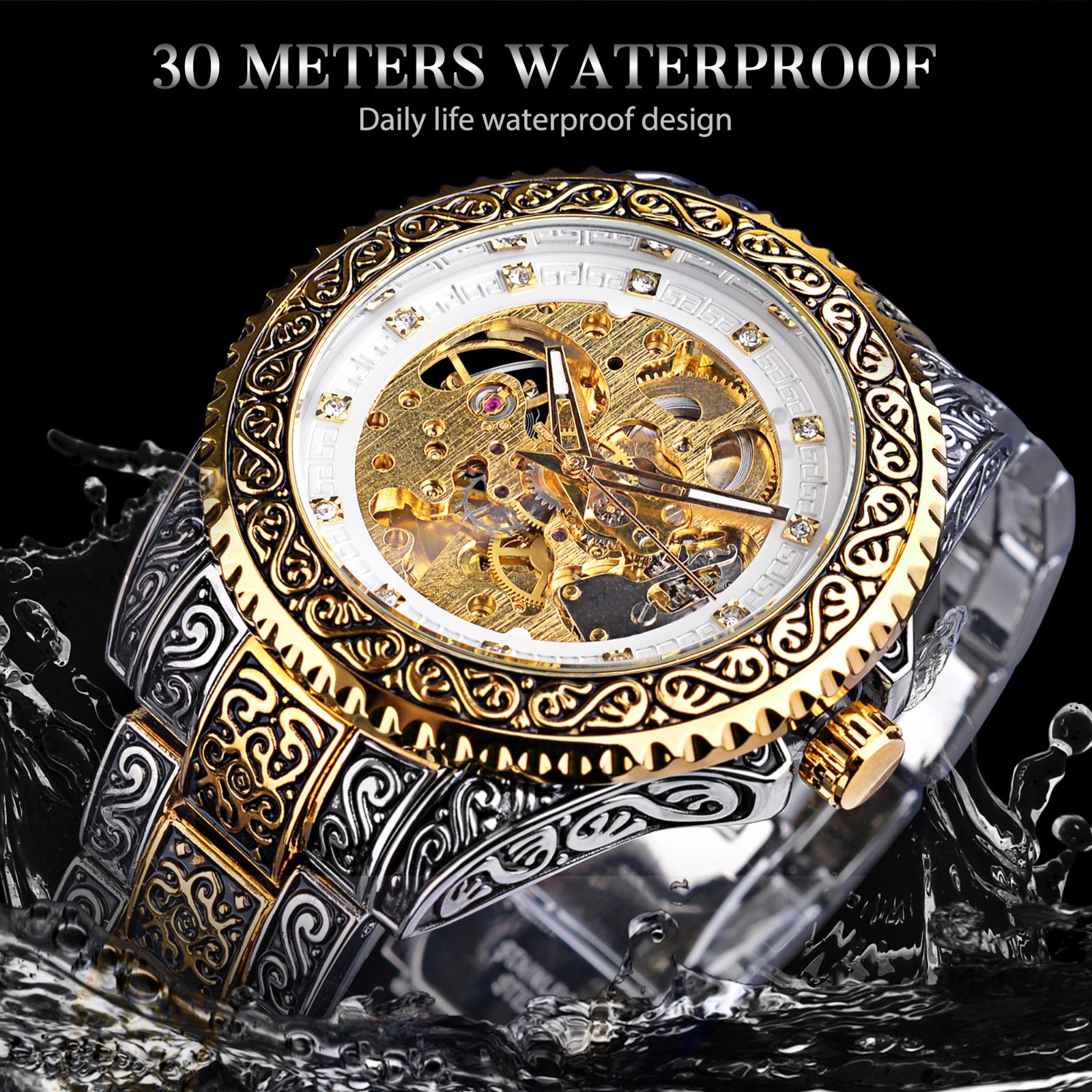 Luxury Skeleton Automatic Watch Men Stainless Steel Mechanical Wristwatch Boxed