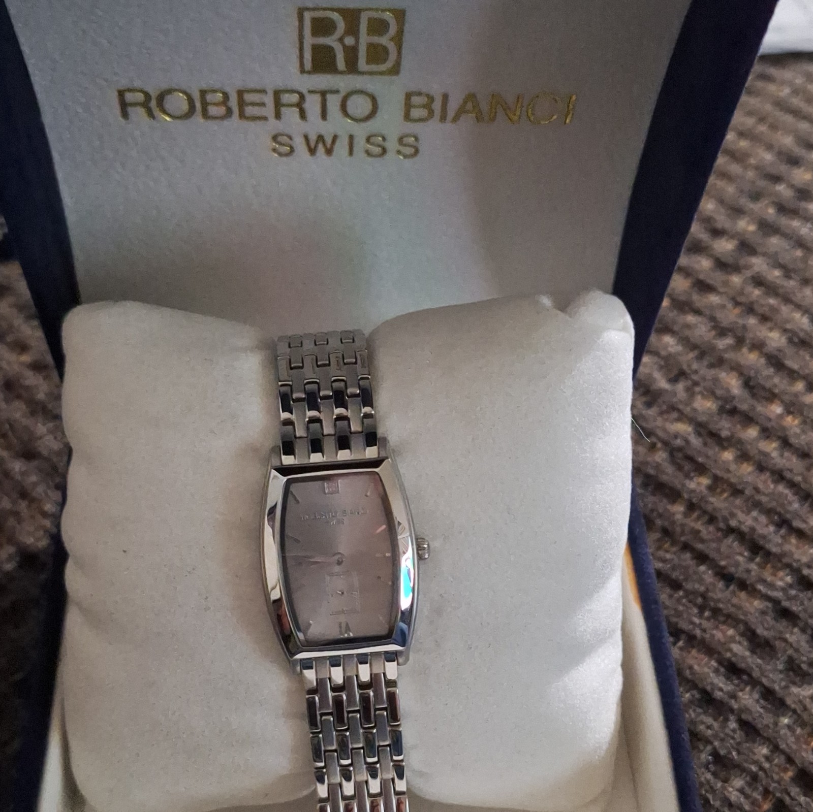 Roberto Bianci Swiss Women’s Rectangular Quartz Watch Gray Dial SS 30m Box