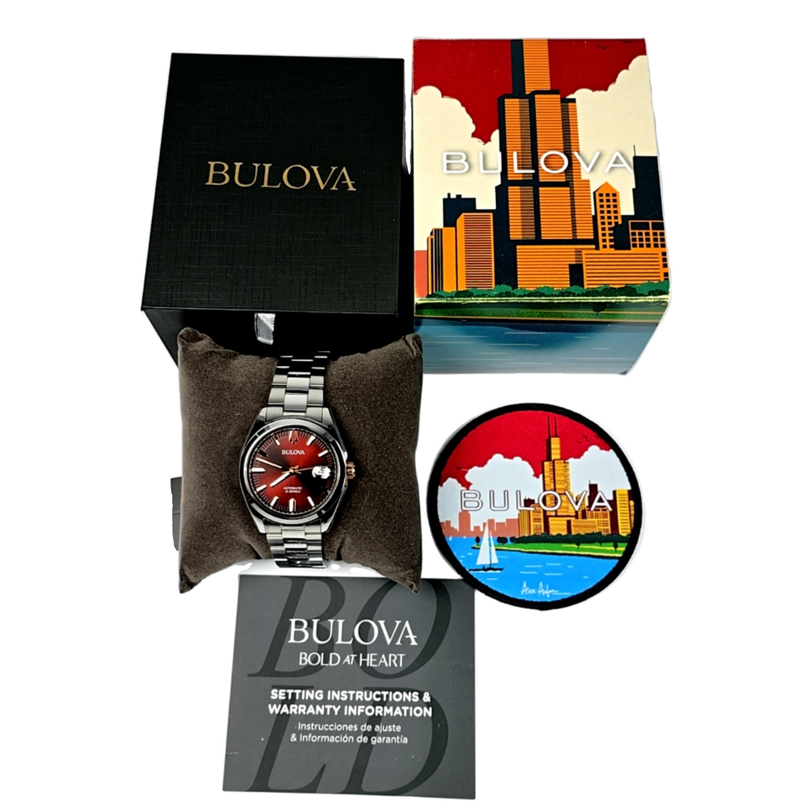 New Unique Chicago Bulova Surveyor 98B422 Automatic Watch Sunburst Date NIB