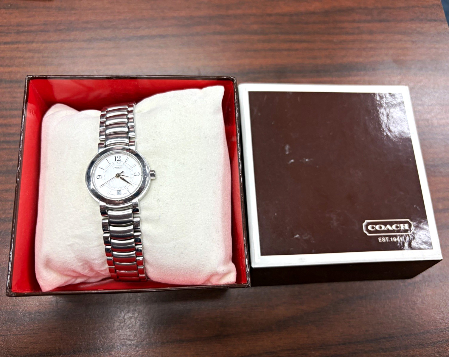 Coach Women’s Silver Stainless Bracelet Watch White Dial With Box