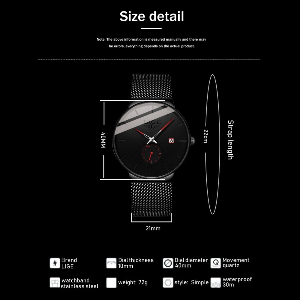 LIGE Men Watch Quartz Analog Date Round Dial Business Mesh Strap Male Wristwatch