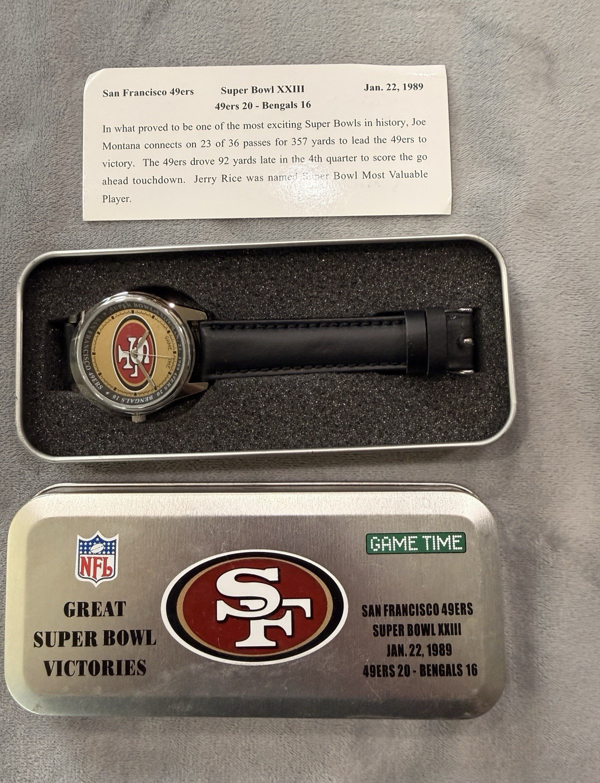 Game Time 49ers Super Bowl XXIII Quartz Wristwatch Leather Band w/ Tin Box