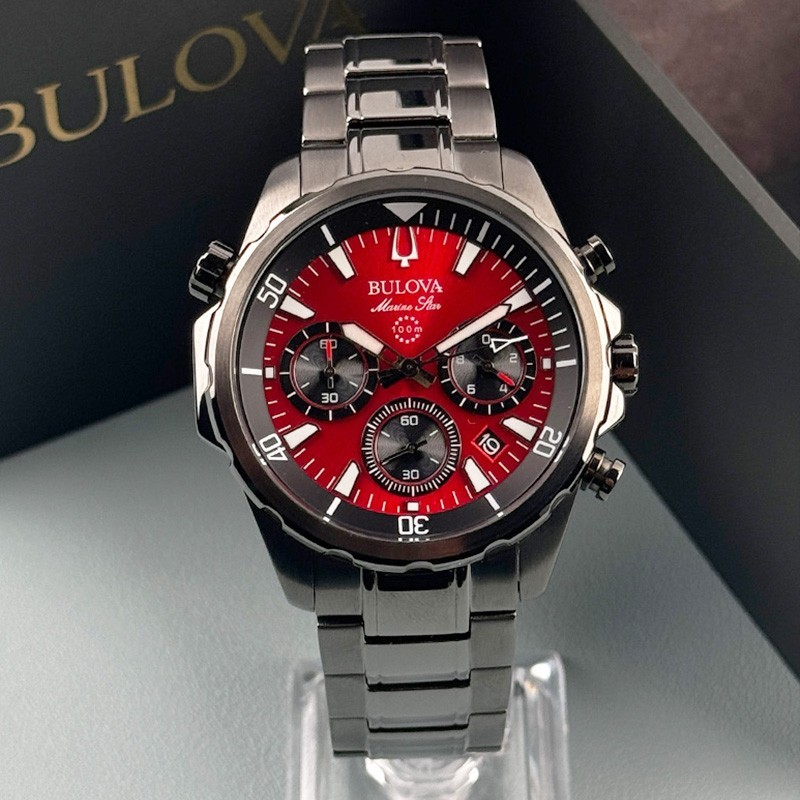 Bulova Marine Star 98B350 Chronograph Men’s Quartz Watch Red Dial 43mm