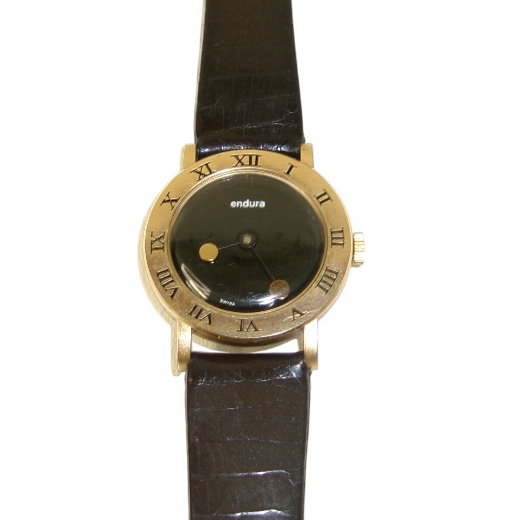 Mid Mod Endura Swiss Made Gold Tone Black Face Dot Dial Women’s Watch