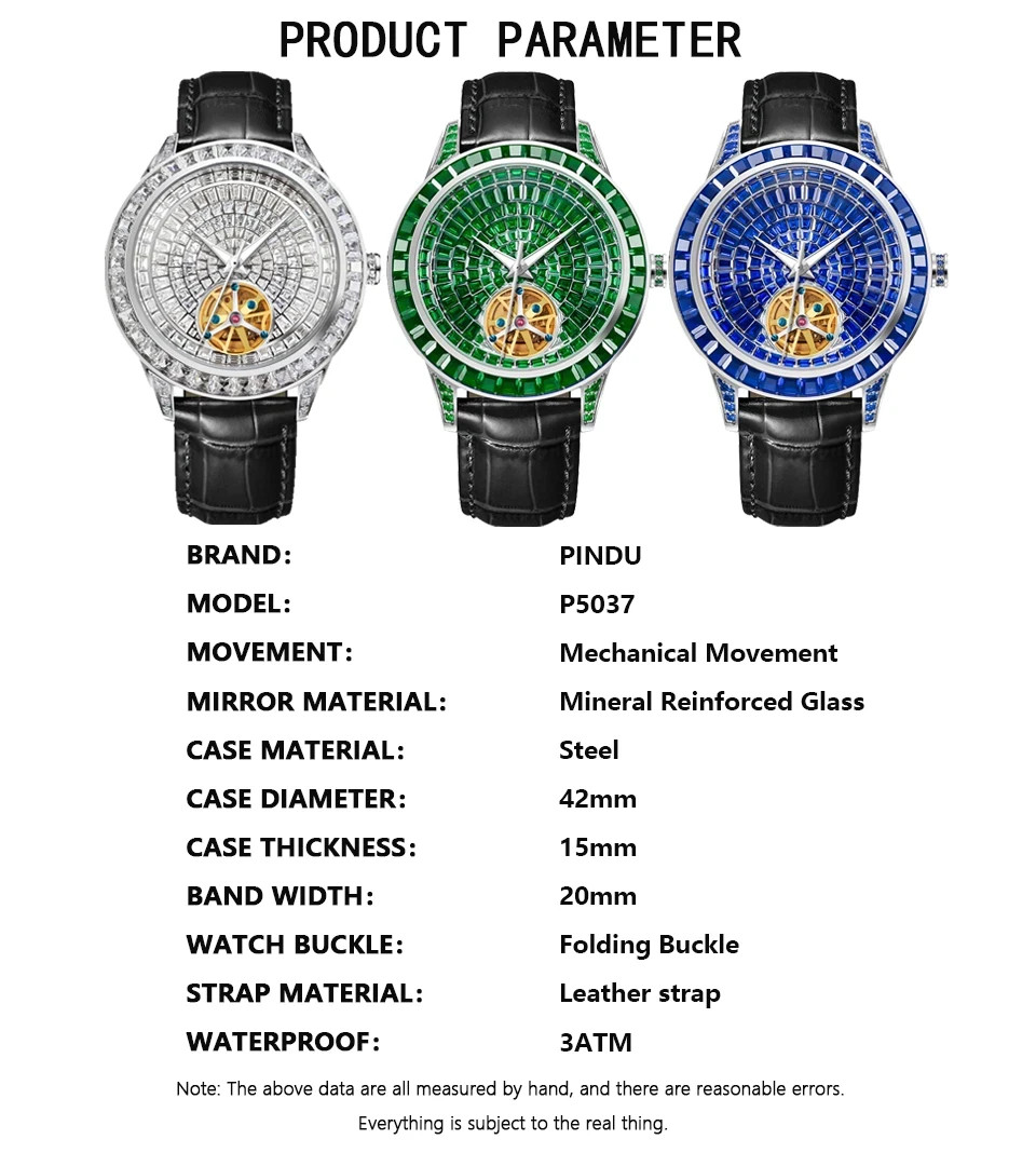 🔥USA🔥PINDU Men’s Automatic Watch Mineral Glass Green Black Leather P5037