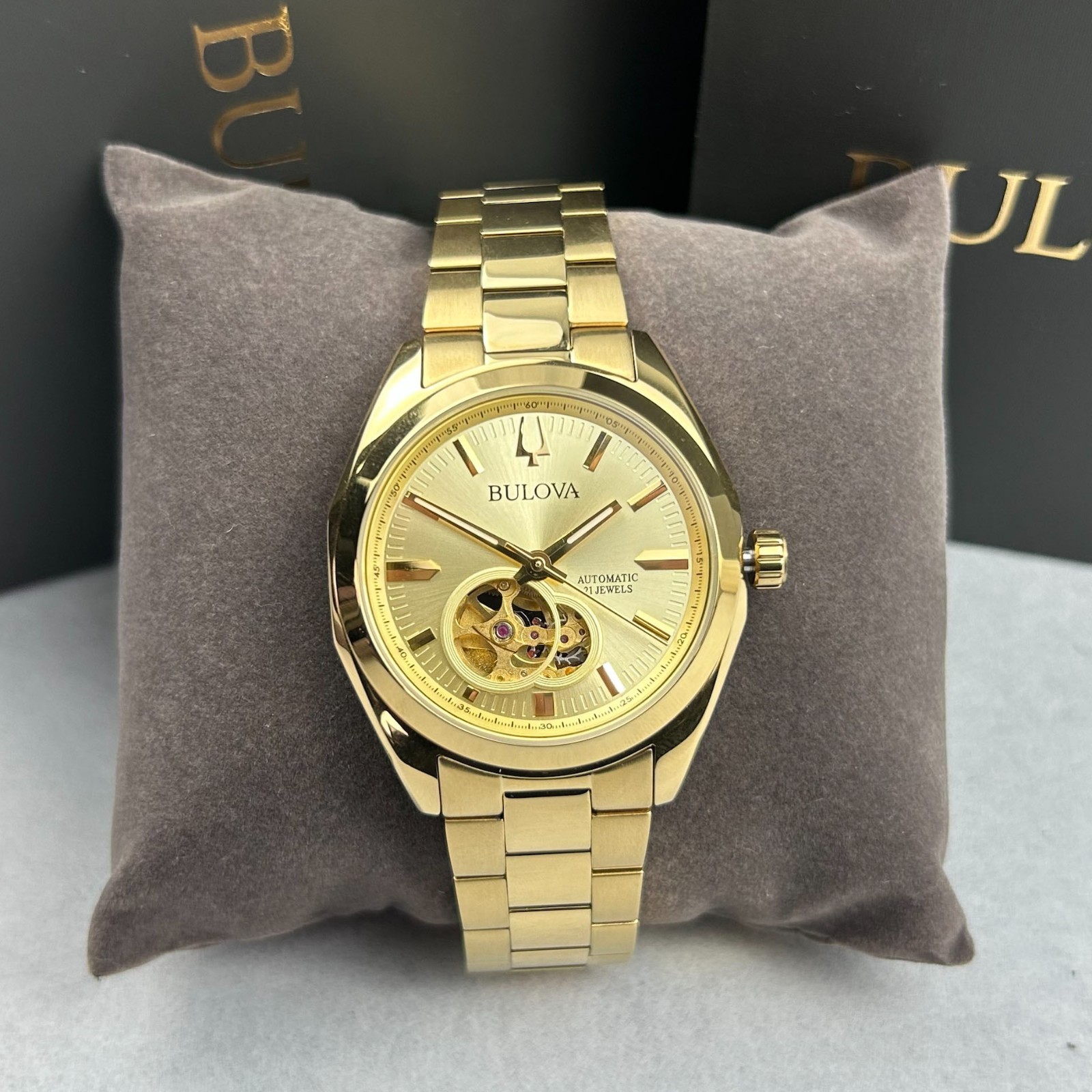 Bulova Surveyor 97A182 Champagne Dial Gold Strap Men’s Automatic Watch 39mm New