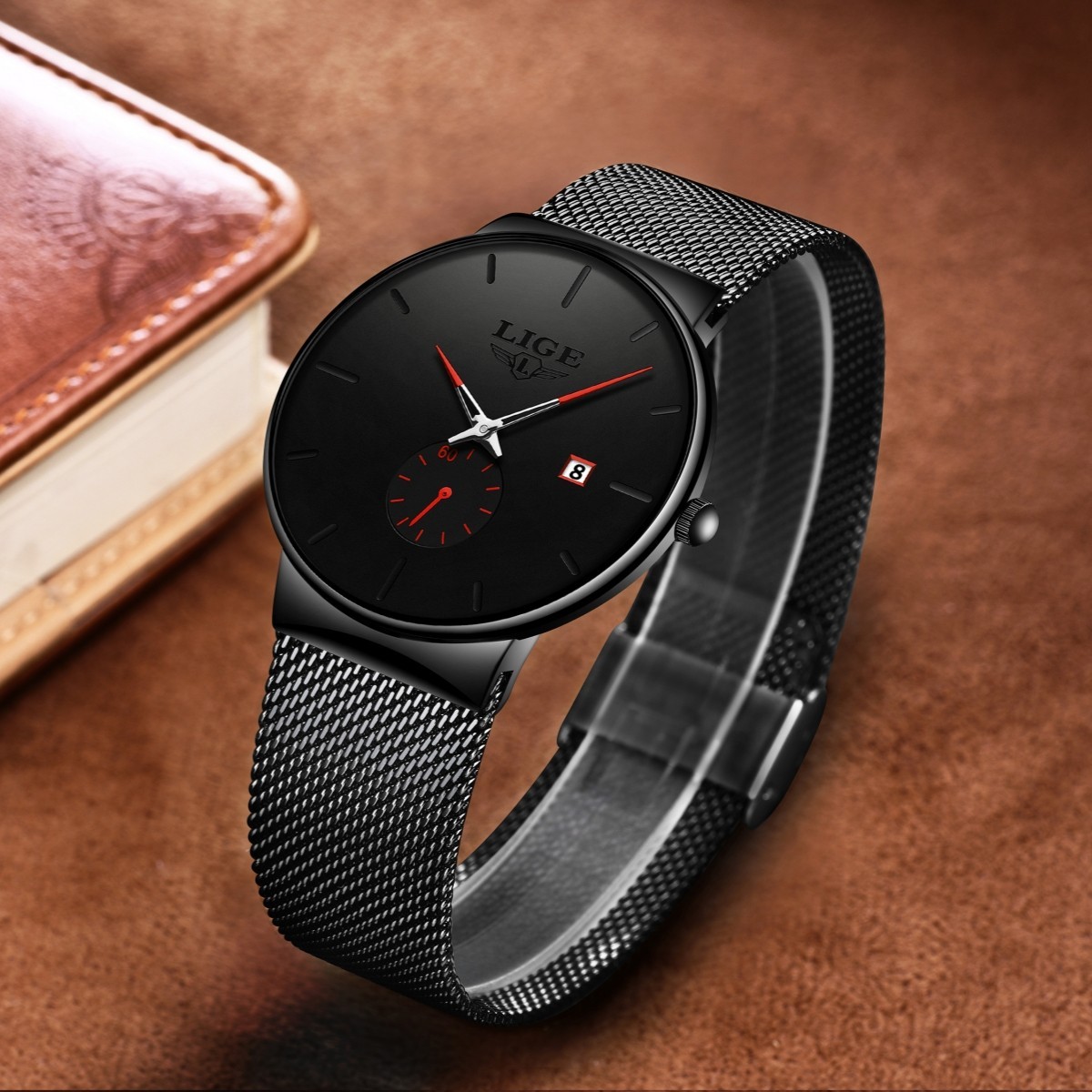 LIGE Men Watch Quartz Analog Date Round Dial Business Mesh Strap Male Wristwatch