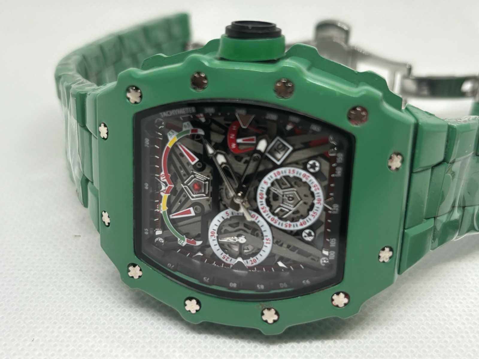 Mens Green Luxury Quartz Watch Skeleton Dial Tonneau Style Steel Band