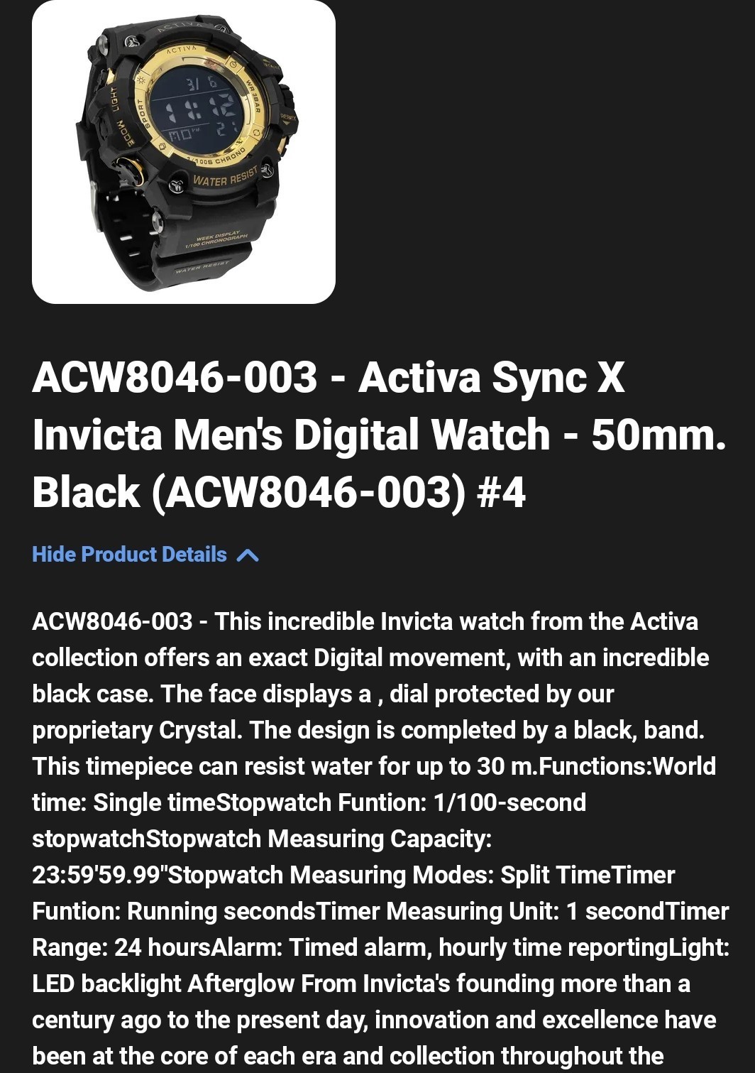 Activa Sync X Invicta Watch. Gold/Black. ACW8046-003