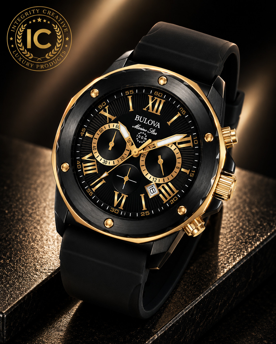 Men’s Bulova Luxury Business Quartz Black Gold Dial Strap Waterproof Wristwatch