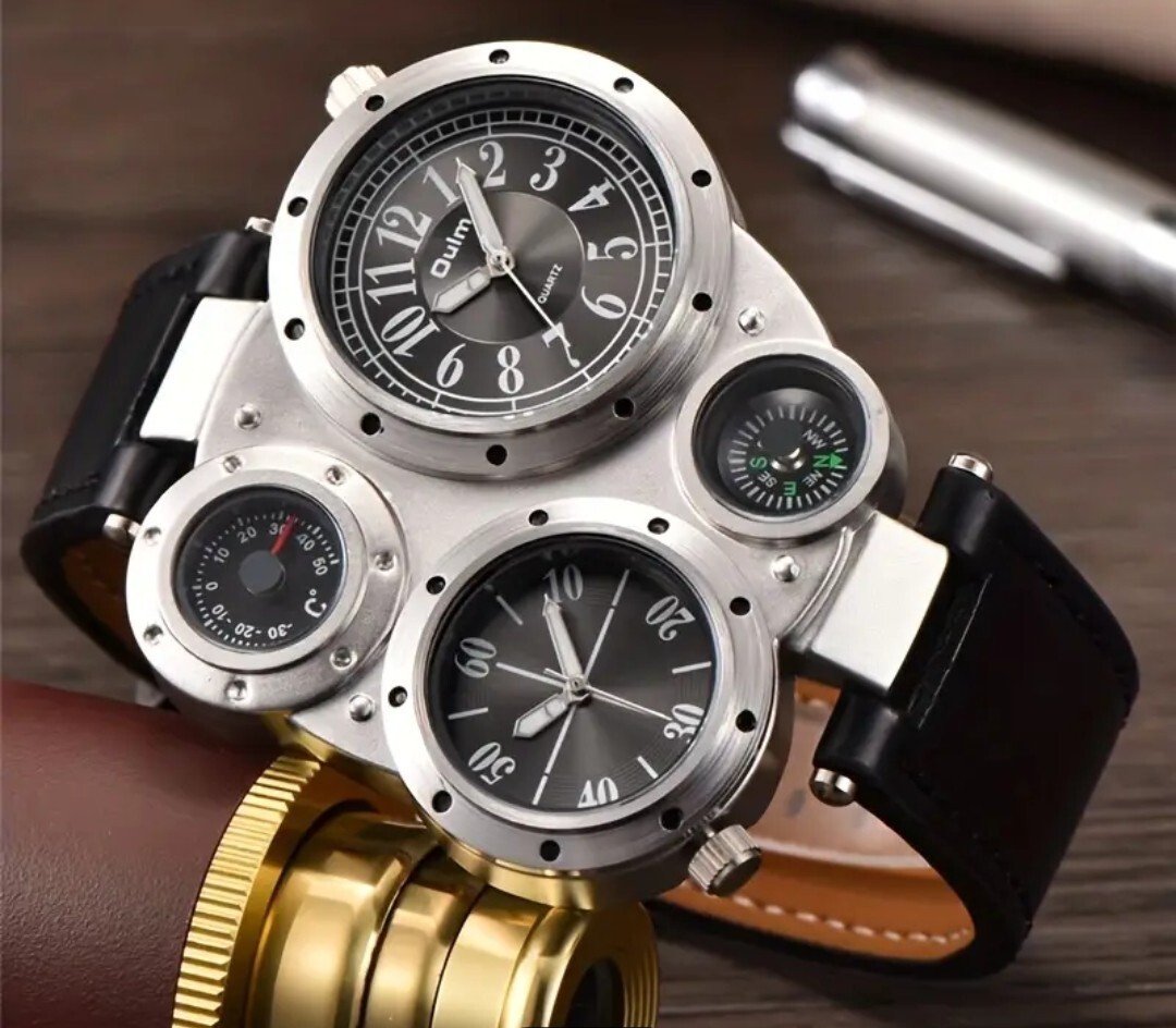 Compass Quartz Watch Two Time Zones