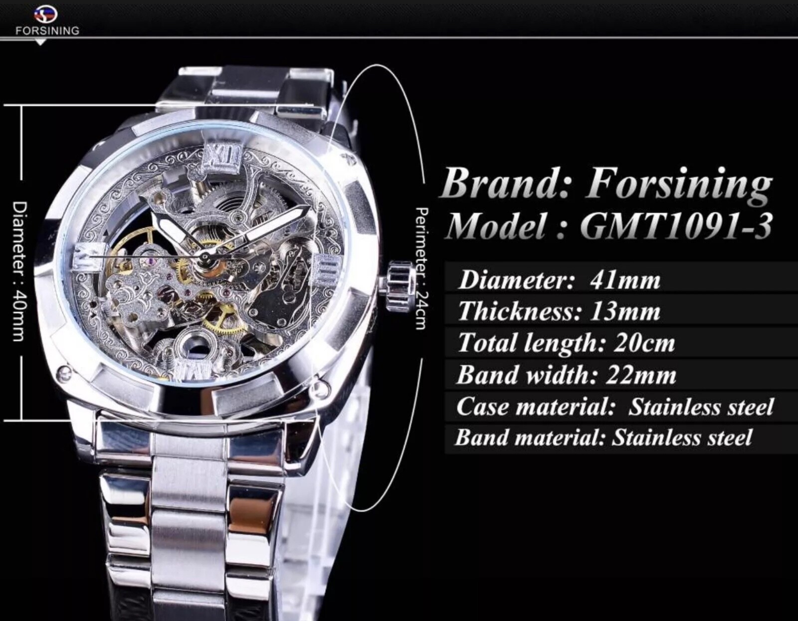Forsining mens automatic skeleton style watch with band style and color options