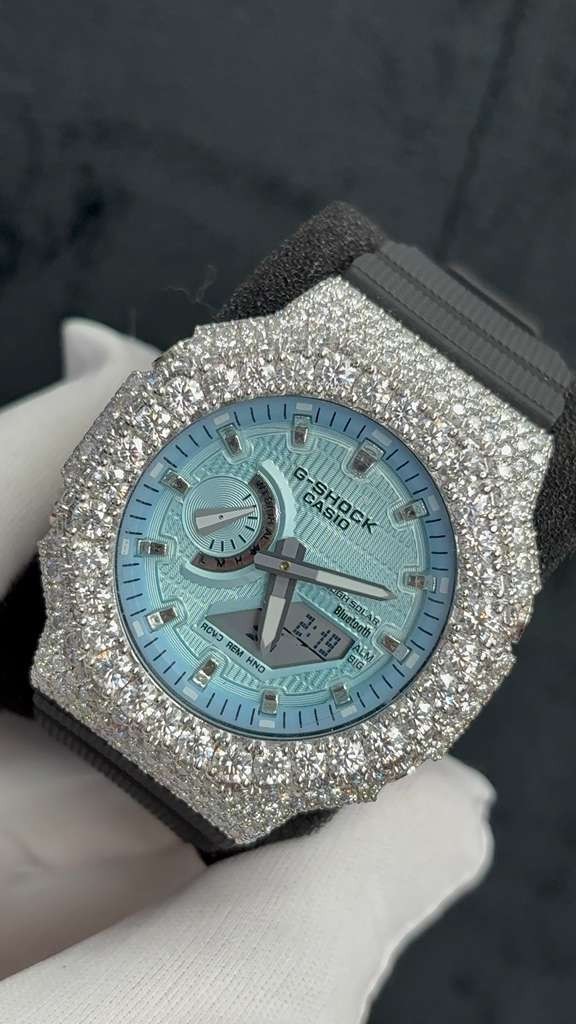 Custom Moissanite G-Shock GA-2100 Watch White Bezel black band Blue Face