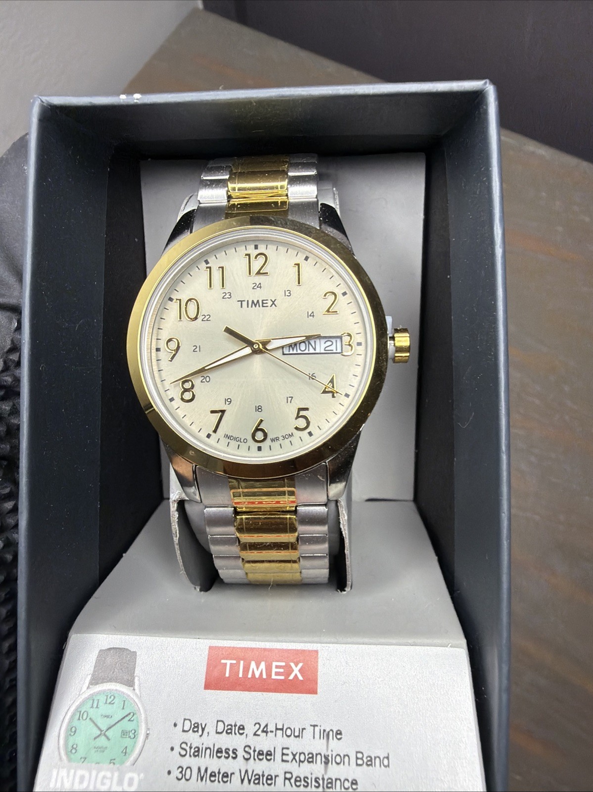 Timex Indiglo Men’s Two-Tone Stainless Steel Watch Gold Dial Day/Date 24H 30M
