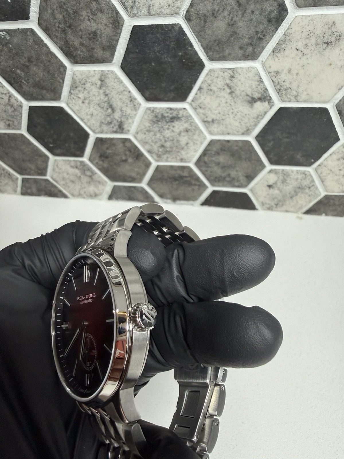 Seagull Automatic Mechanical Red/Black Dial Lume Small Sec SS Bracelet 50m
