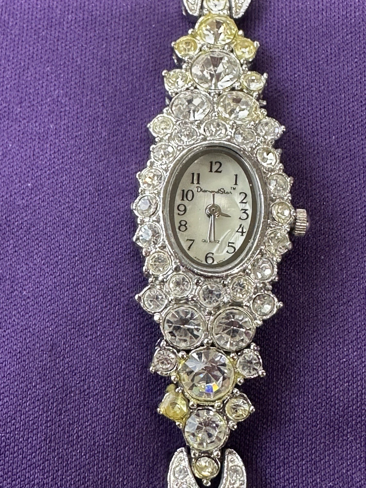 Diamond Star Quartz Watch Silver-Tone Bracelet & Bezel W Clear & Yellow Rhinesto