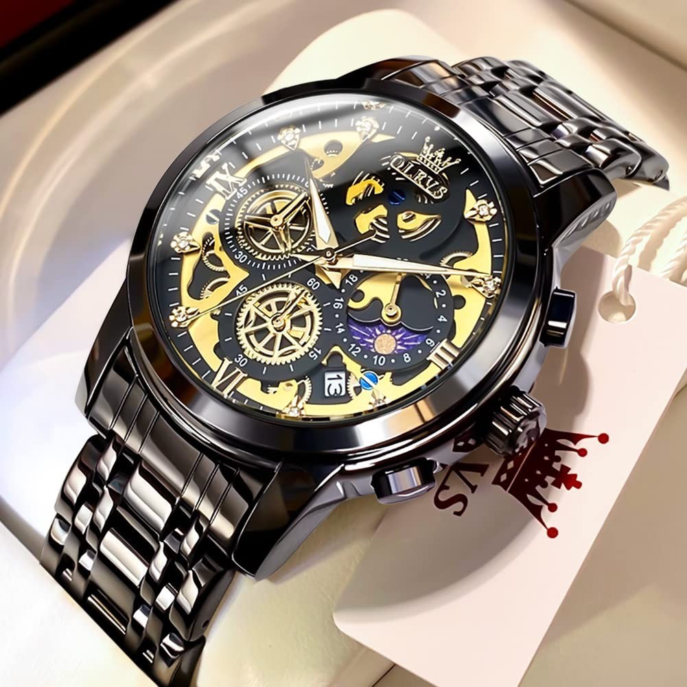 Men’s Skeleton Chronograph Watch – Stainless Steel, Waterproof, Luxury Analog, D