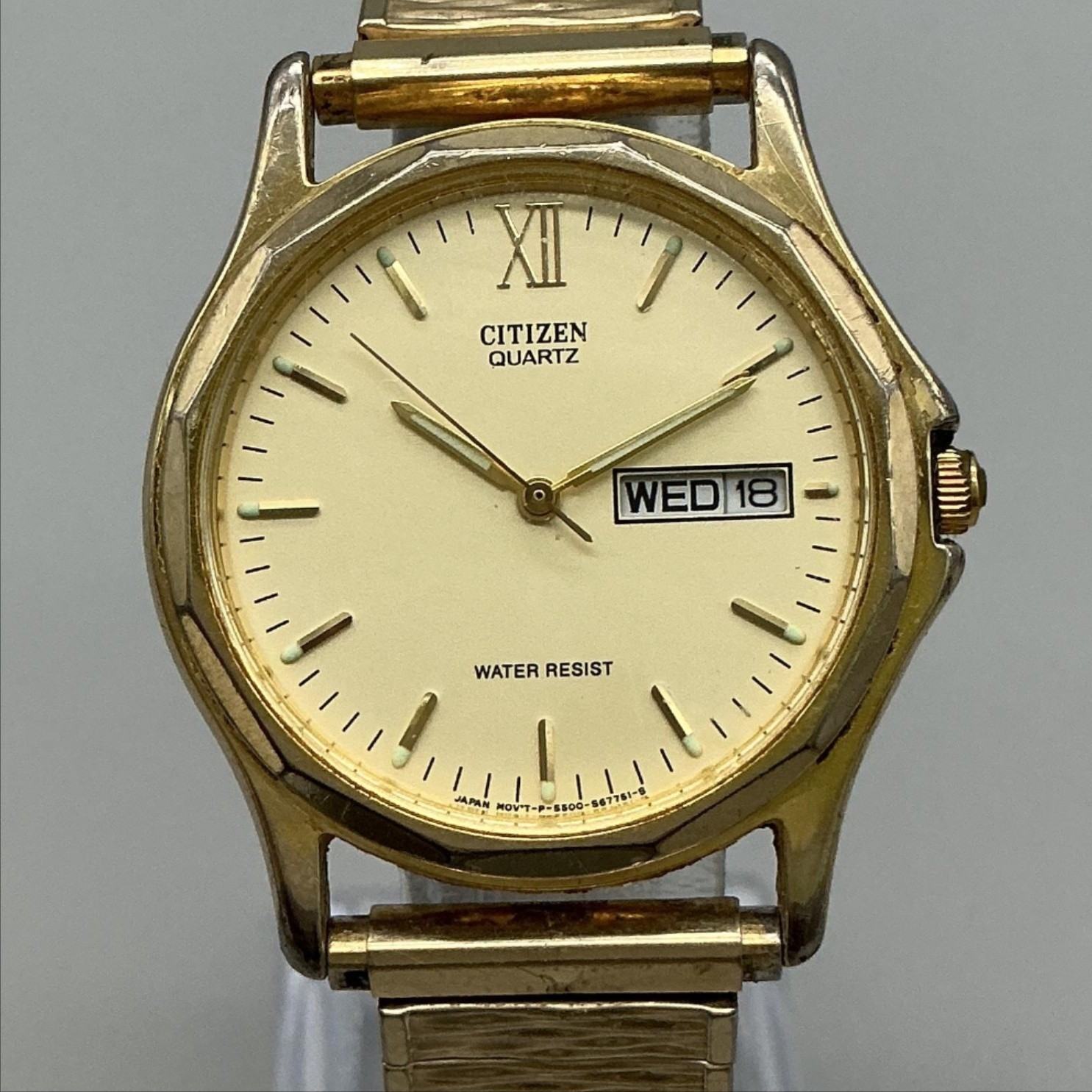 Citizen Mens Watch 34mm Champagne Dial Gold Tone Day Date Stretch New Battery