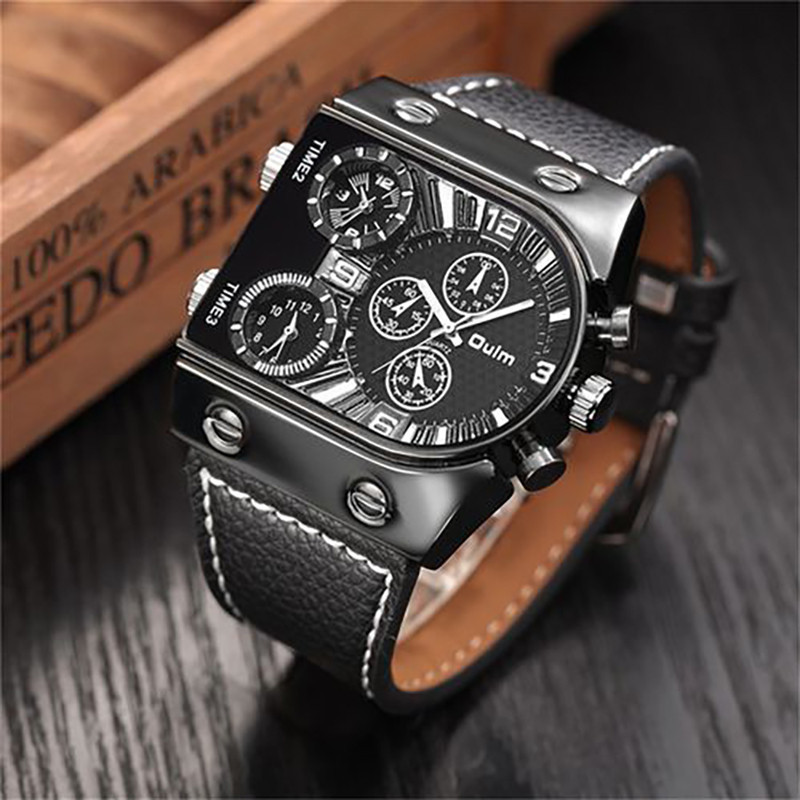 OULM Casual Men’s Multiple Time Zone Military Quartz Wrist Watches Leather Strap